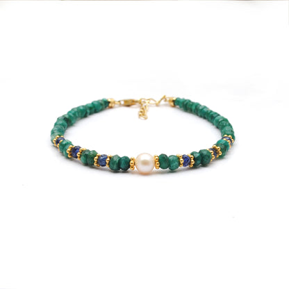 Natural Emerald Sapphire Pearl Bracelet - Overhead View Jaipur
