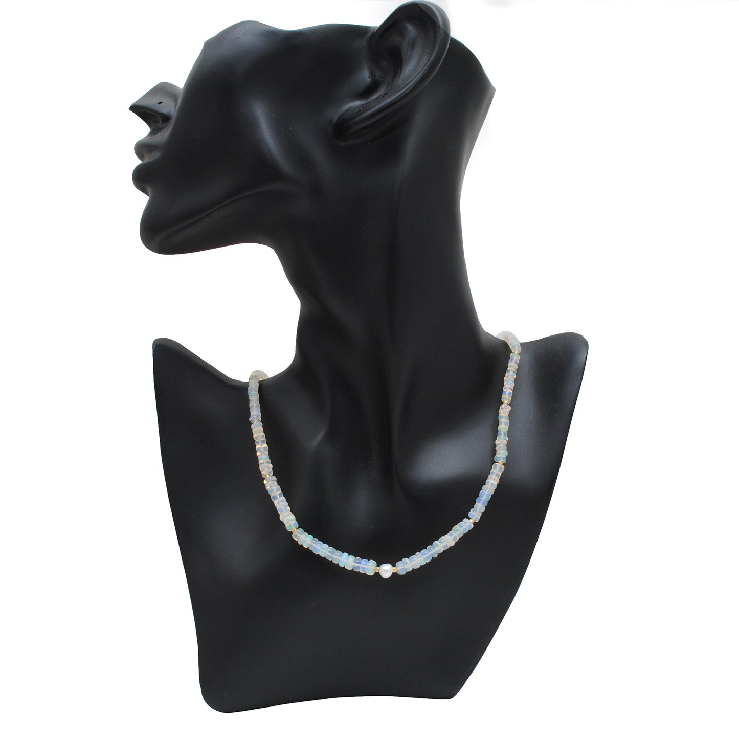 Natural Ethiopian Opal Freshwater Pearl Beaded Necklace - Styled on Bust Front View