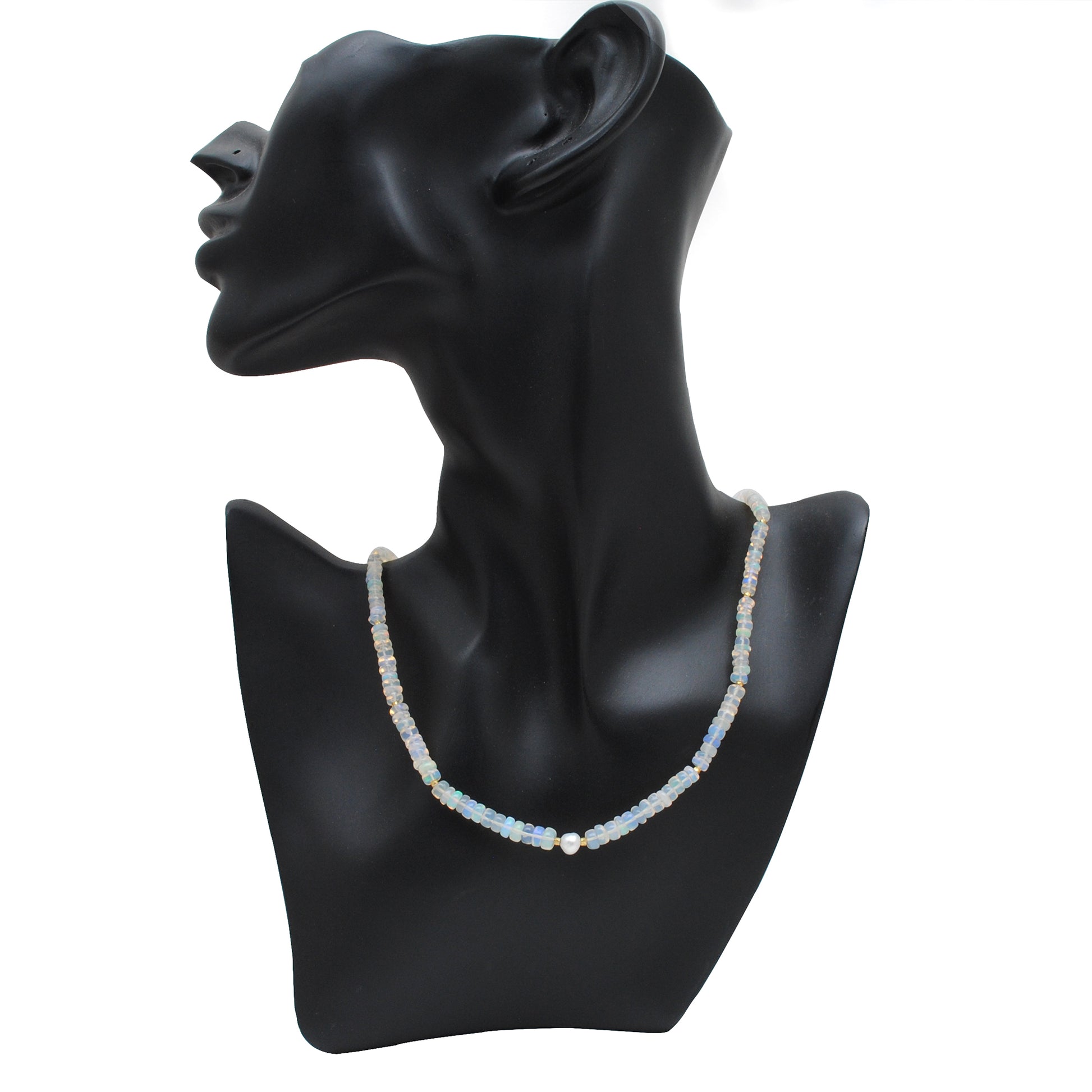 Natural Ethiopian Opal Freshwater Pearl Beaded Necklace - Styled on Bust Front View
