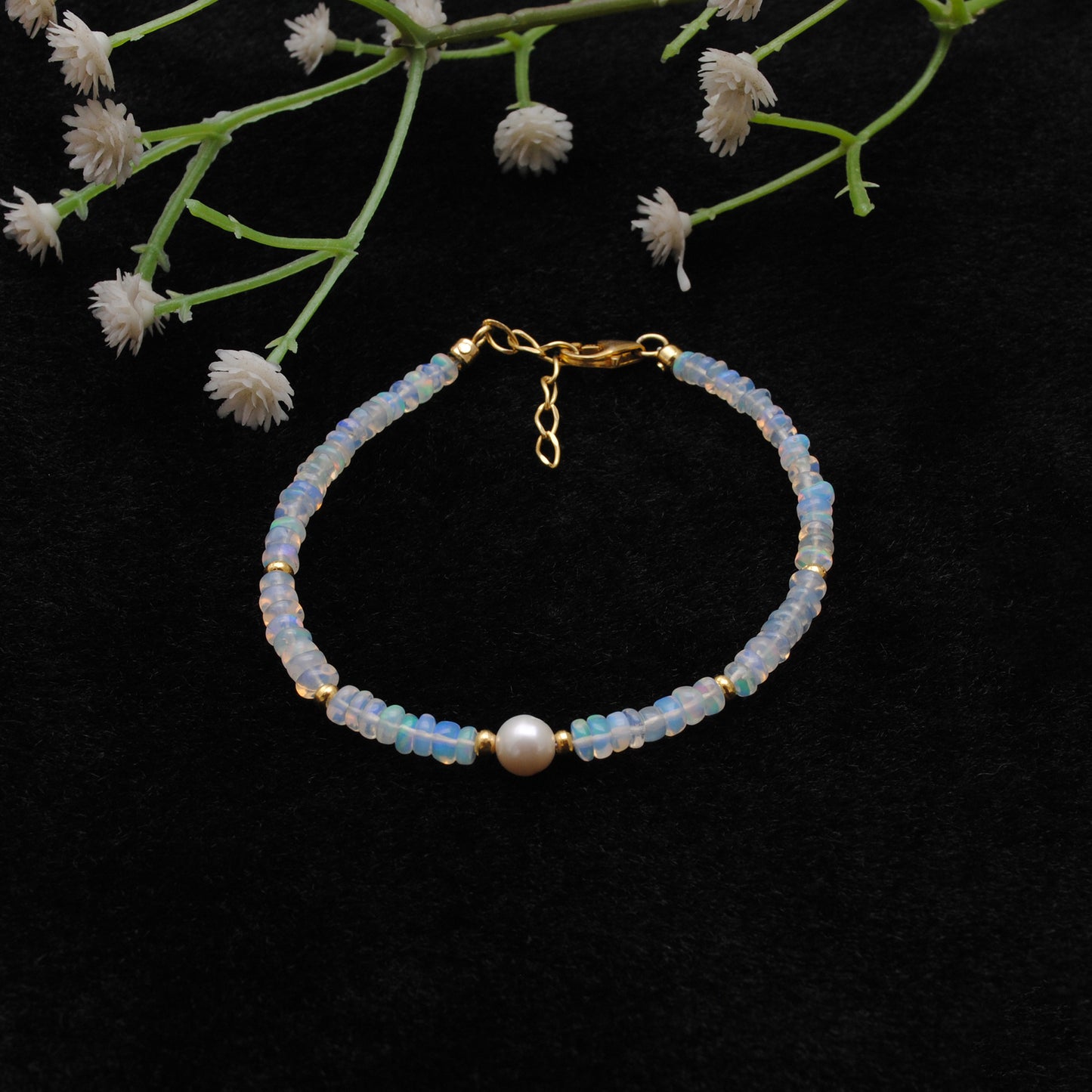 Natural Ethiopian Opal Pearl Bracelet October Birthstone - Overhead View