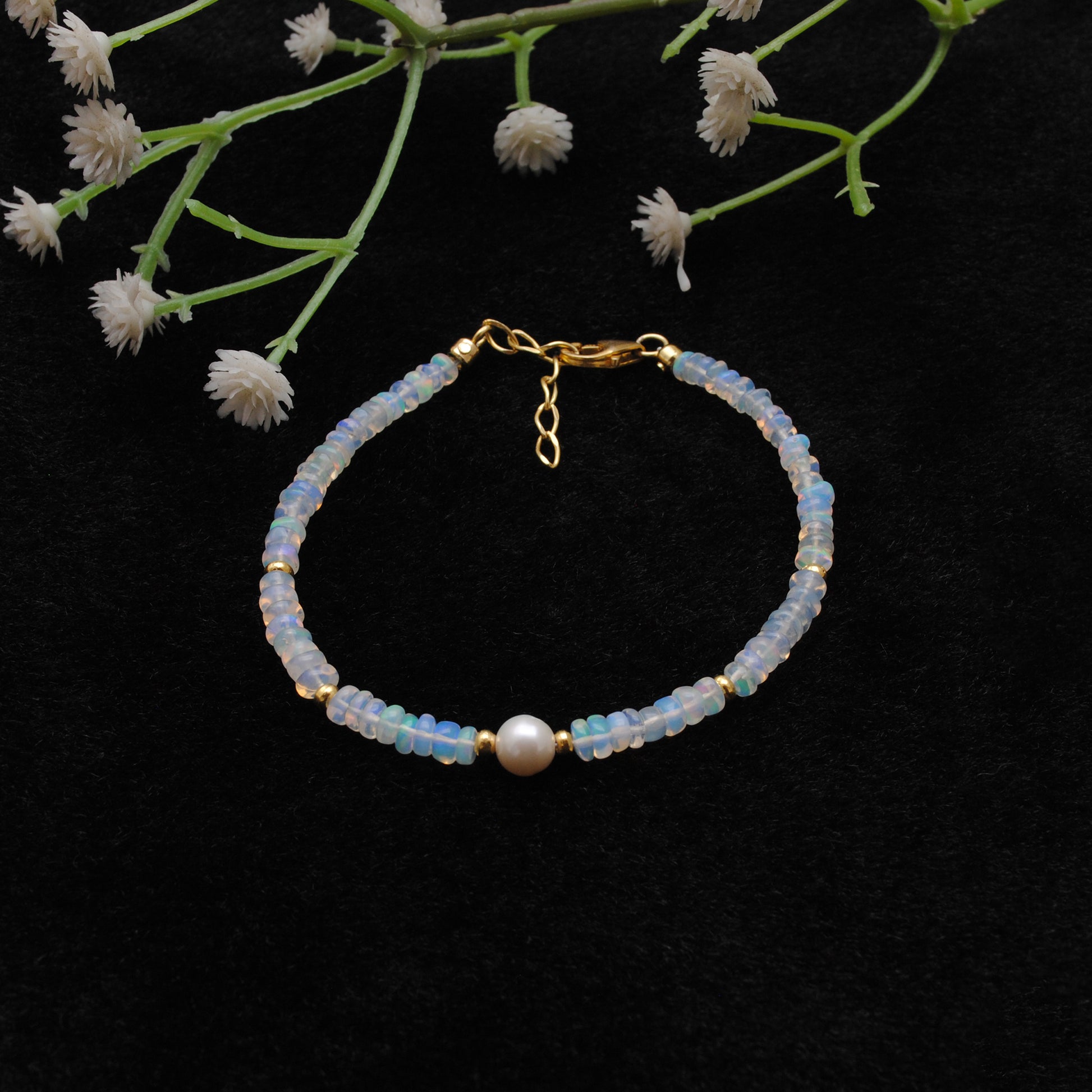Natural Ethiopian Opal Pearl Bracelet October Birthstone - Overhead View