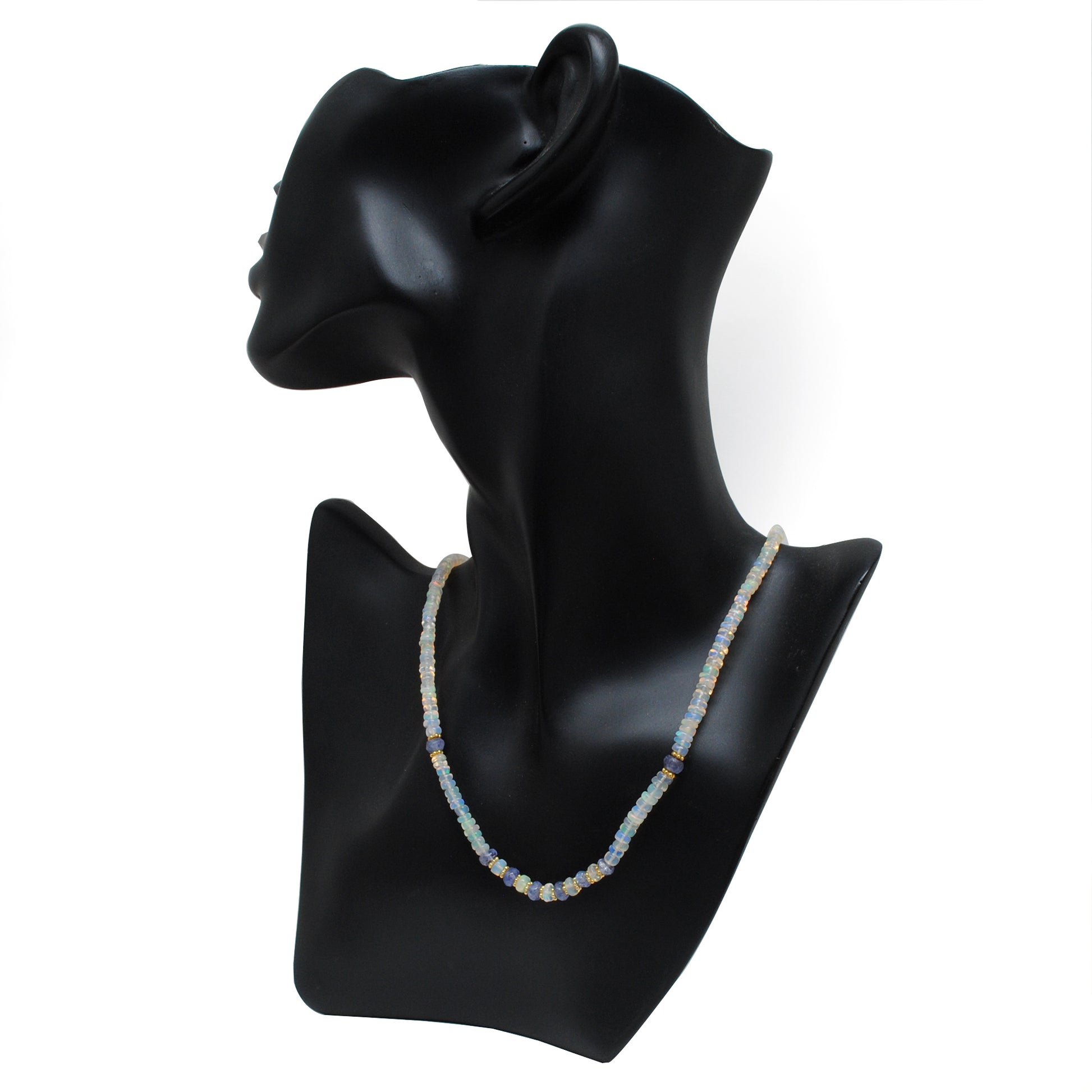 Natural Ethiopian Opal Tanzanite Gold-Plated Beaded Necklace - Front View