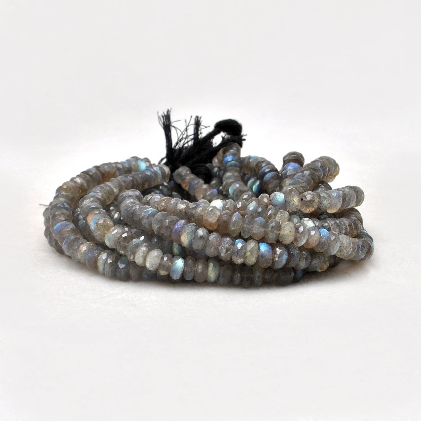 Natural fire labradorite beads 10.5 inch - overhead flat lay dramatic