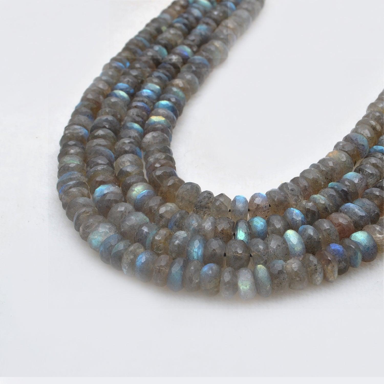 Natural fire labradorite rondelle beads 10.5 inch strand - front view fiery