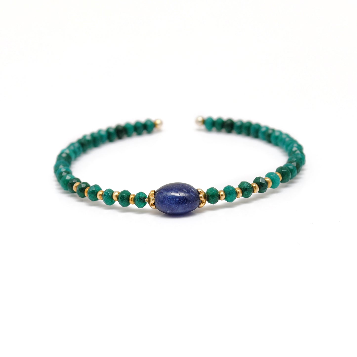 Natural Green Jade Blue Sapphire Stretchable Beaded Bracelet - Front View