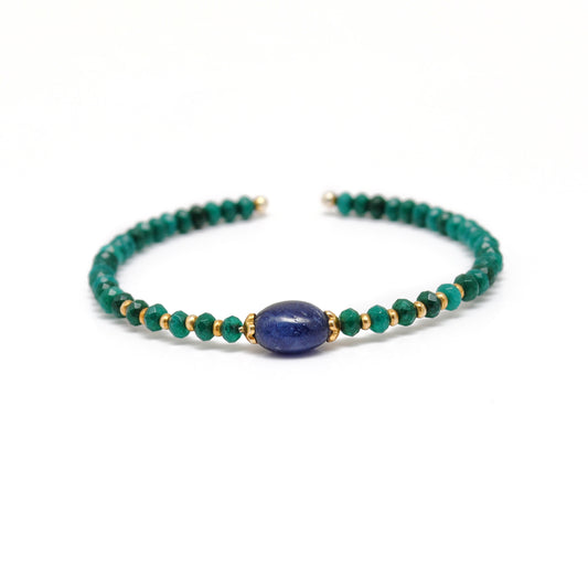 Natural Green Jade Blue Sapphire Stretchable Beaded Bracelet - Front View
