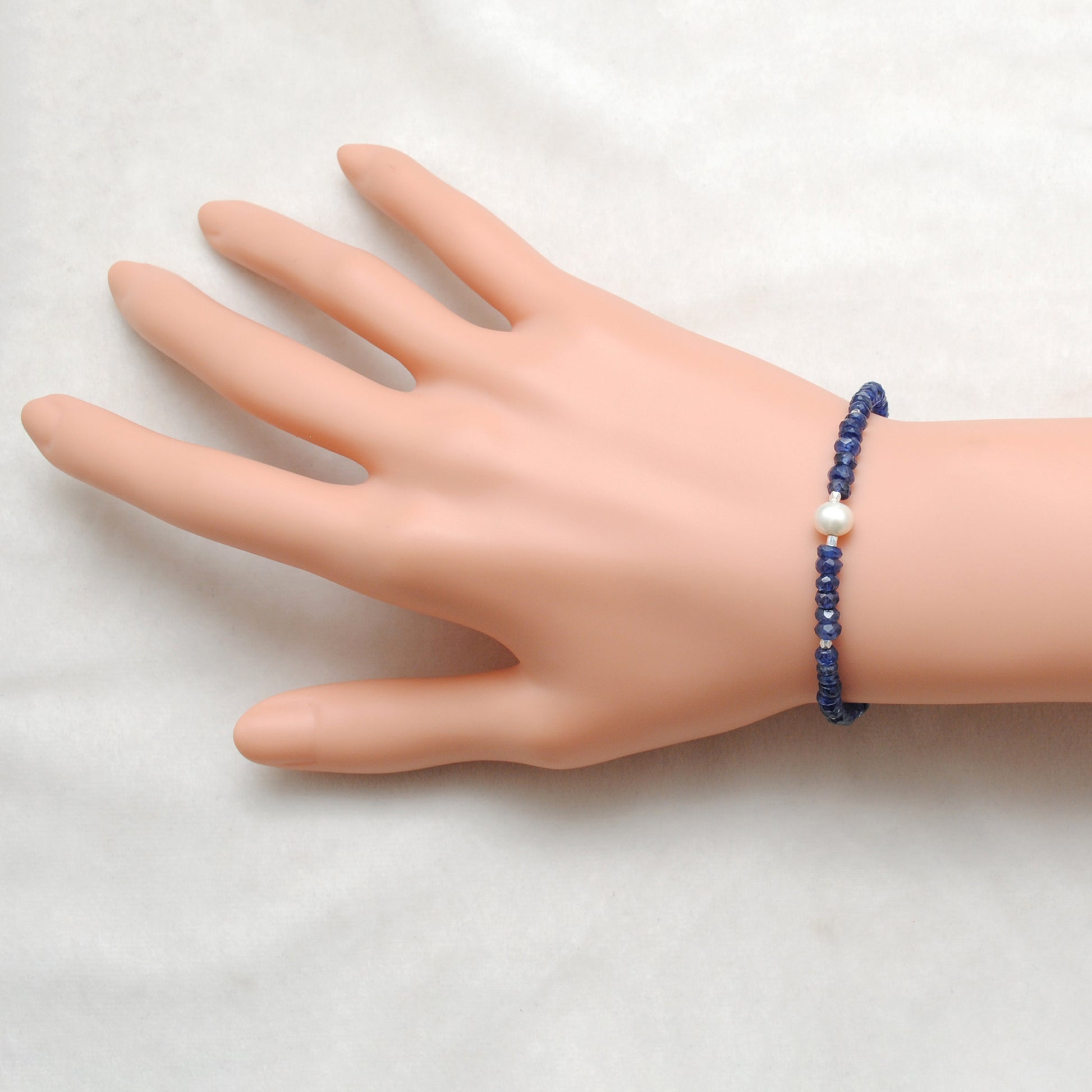 Natural Kyanite Pearl Dainty Beaded Bracelet - Front View Handmade