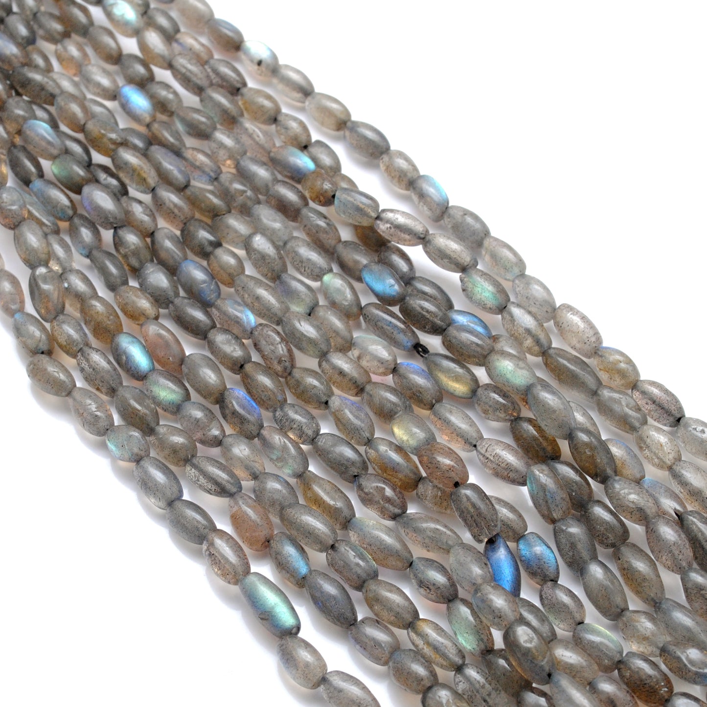 Natural labradorite drum beads mixed sizes 16 inch strand - front view