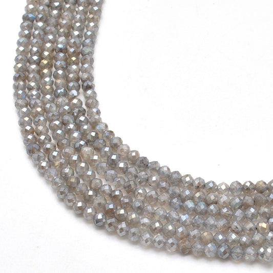 Natural labradorite faceted round beads 4mm - front view strand labradorescence