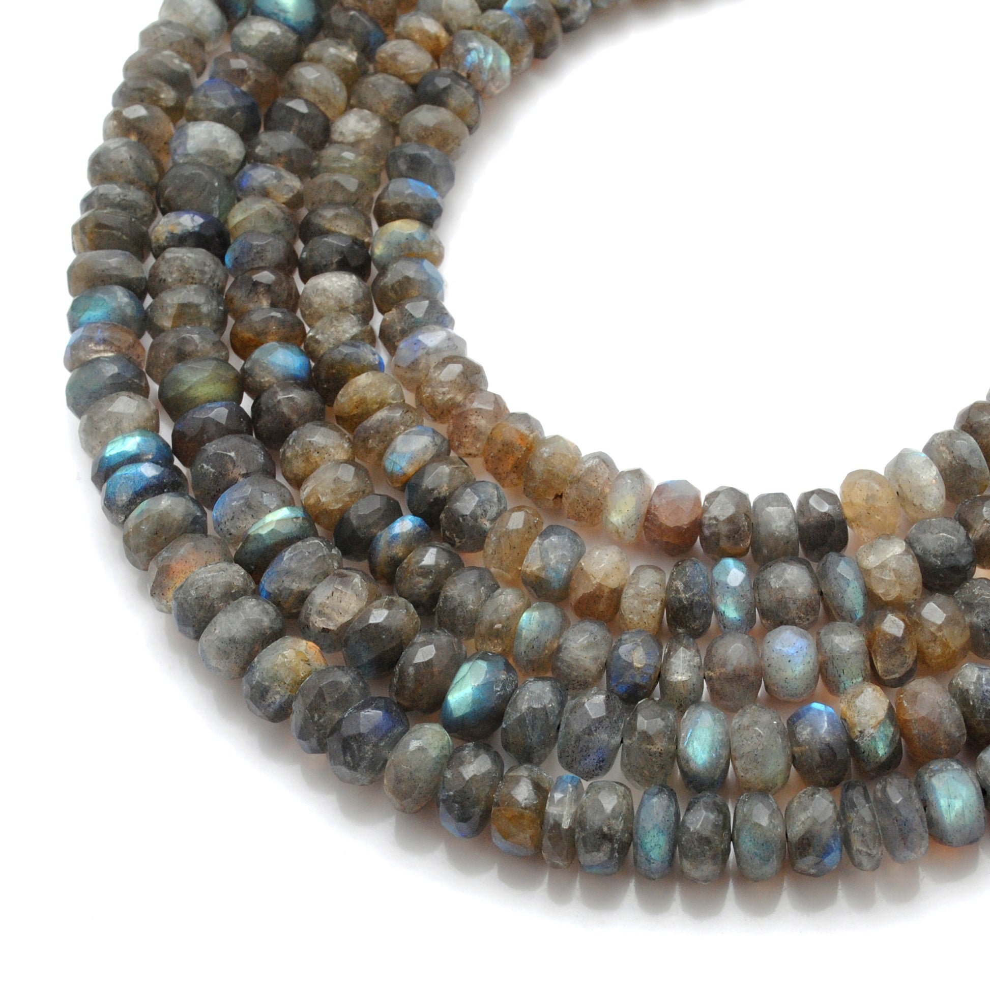 Natural labradorite faceted tyre beads 4-6mm 16 inch strand - front