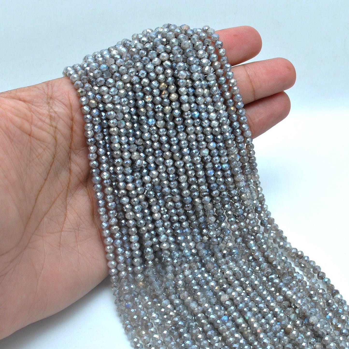 Natural labradorite round beads strand - overhead flat lay 13 inch