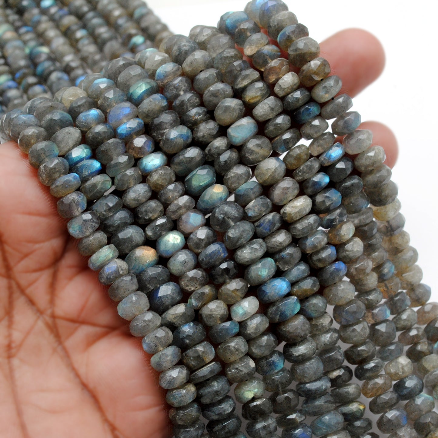 Natural labradorite tyre beads scattered loose - multicolour flash