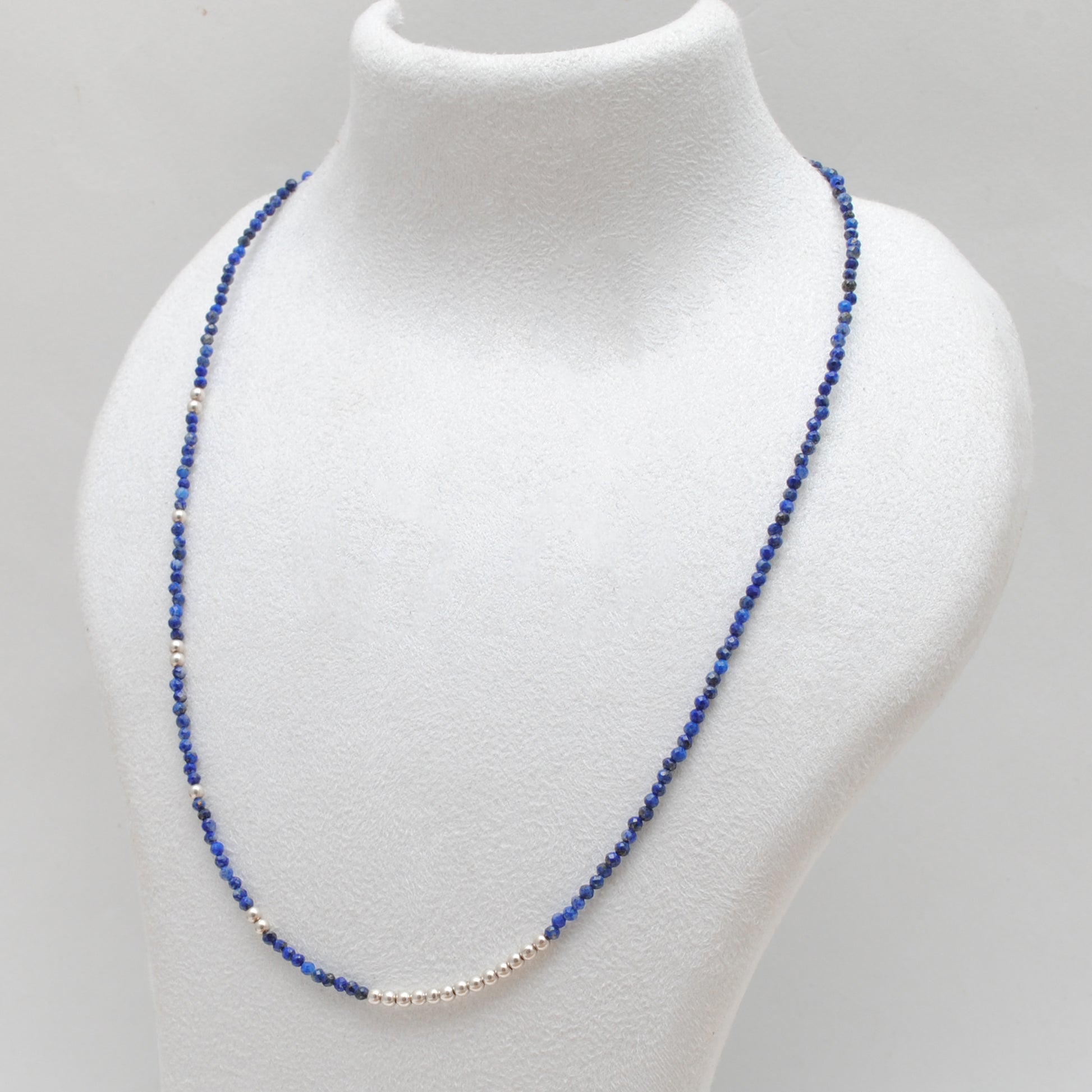 Natural Lapis Lazuli Rondelle Beaded Necklace with Silver Ball Beads - Front View