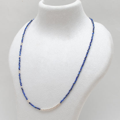 Natural Lapis Lazuli Rondelle Beaded Necklace with Silver Ball Beads - Front View