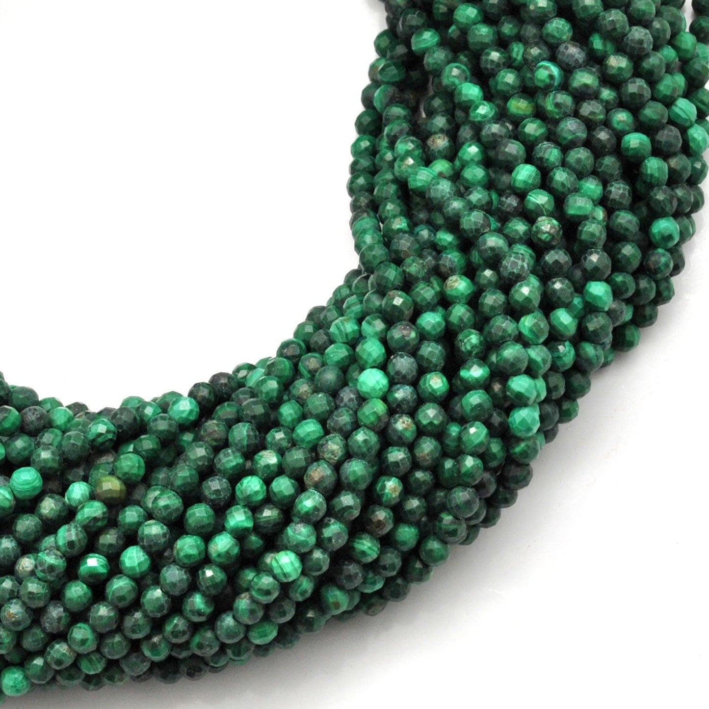 Natural malachite round beads 12.5 inch - overhead flat lay pattern