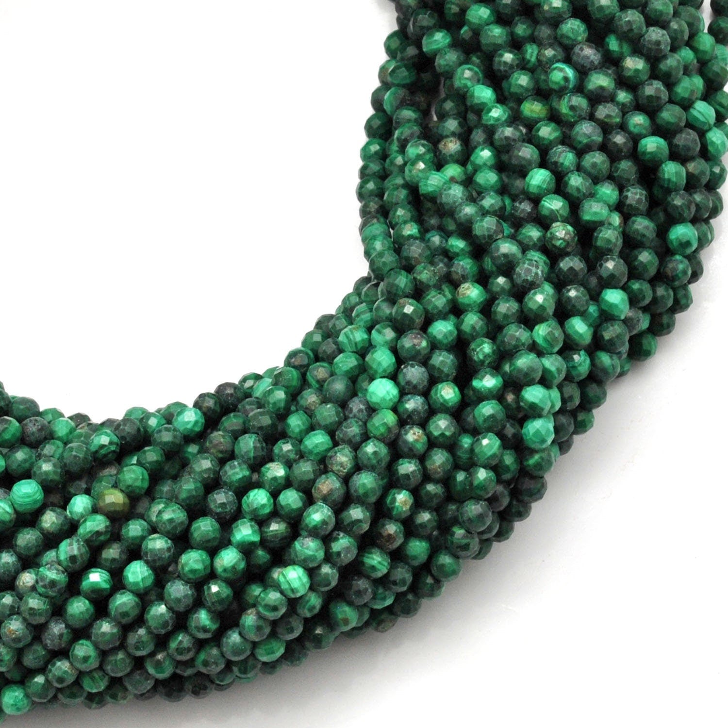 Natural malachite round beads 12.5 inch - overhead flat lay pattern