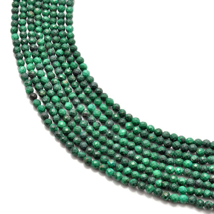 Natural malachite round faceted beads 12.5 inch strand - front view