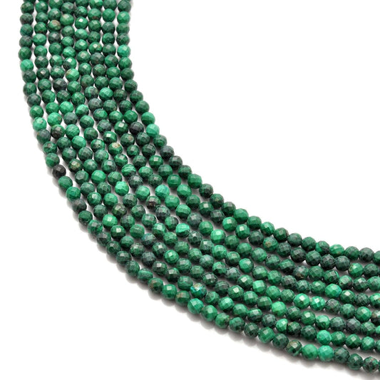 Natural malachite round faceted beads 12.5 inch strand - front view