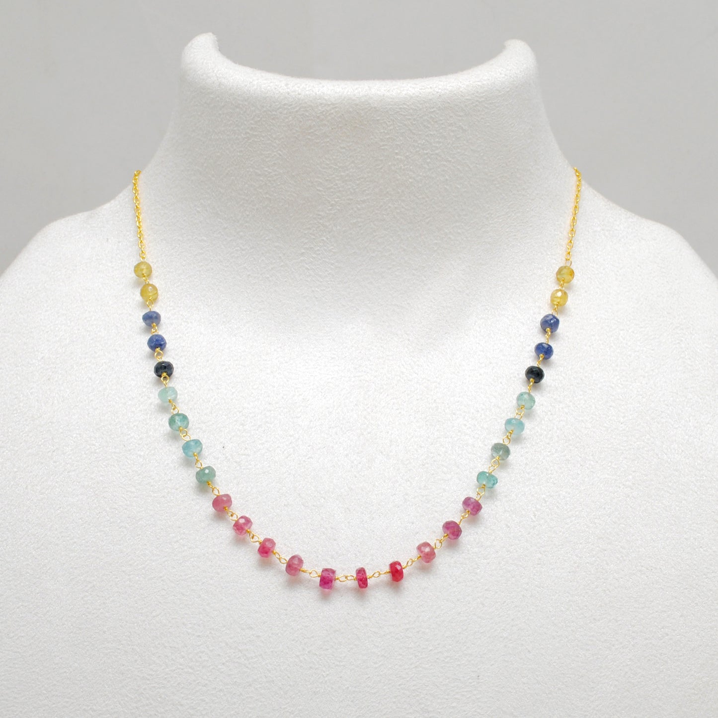 Natural Multi-Color Sapphire 5mm Gold-Plated Beaded Necklace - Front View