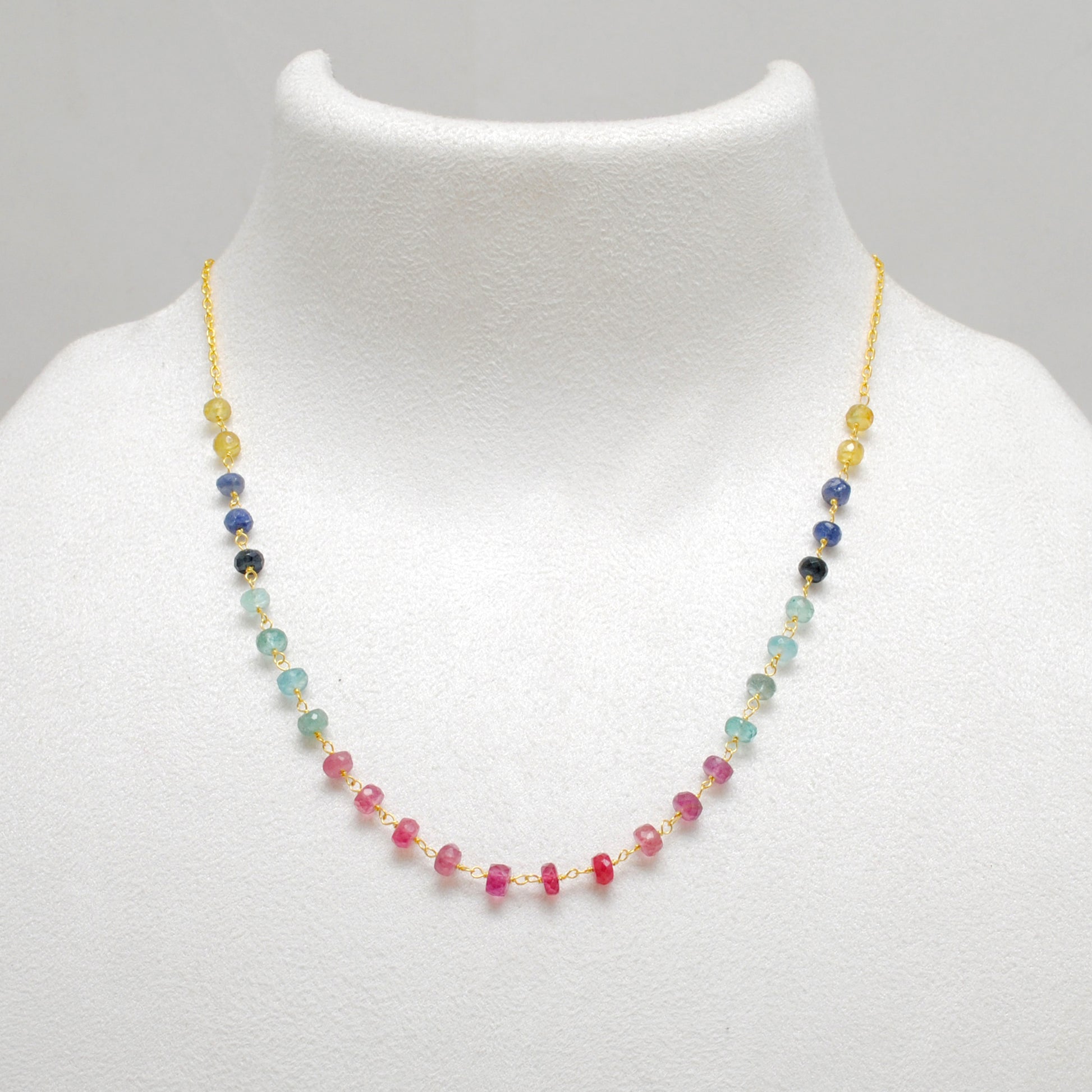 Natural Multi-Color Sapphire 5mm Gold-Plated Beaded Necklace - Front View