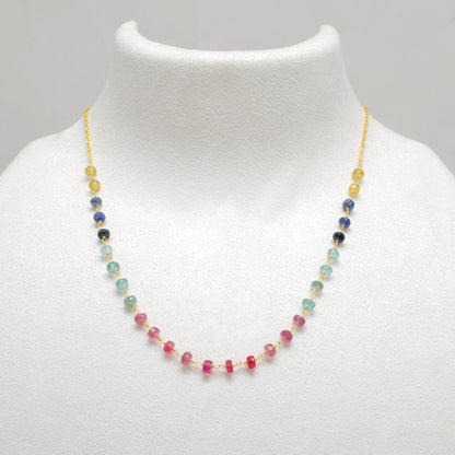 Natural Multi-Color Sapphire 5mm Gold-Plated Beaded Necklace - Front View