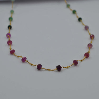 Natural Multi-Color Sapphire 6mm Beaded Necklace - Front View Handmade