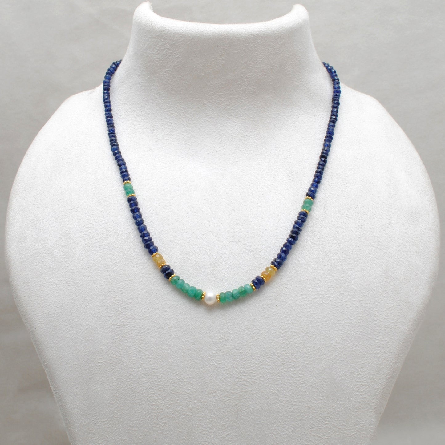 Natural Multi-Color Sapphire Beaded Necklace - Front View Handmade