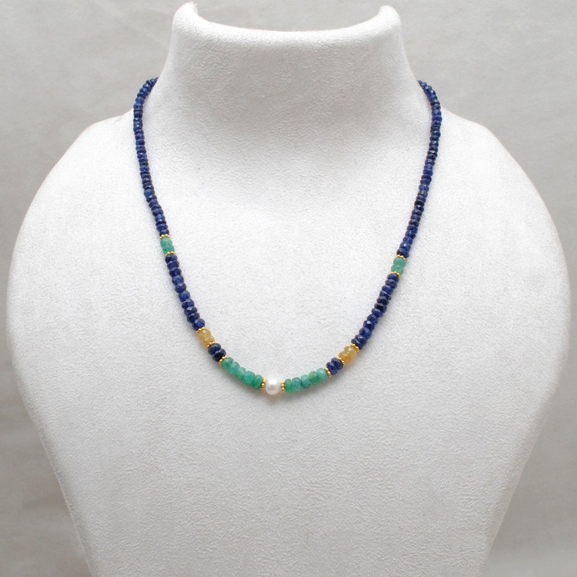 Natural Multi-Color Sapphire Beaded Necklace - Front View Handmade