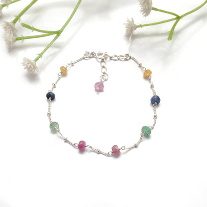 Natural Multi-Color Sapphire Faceted Beaded Bracelet - Front View Handmade