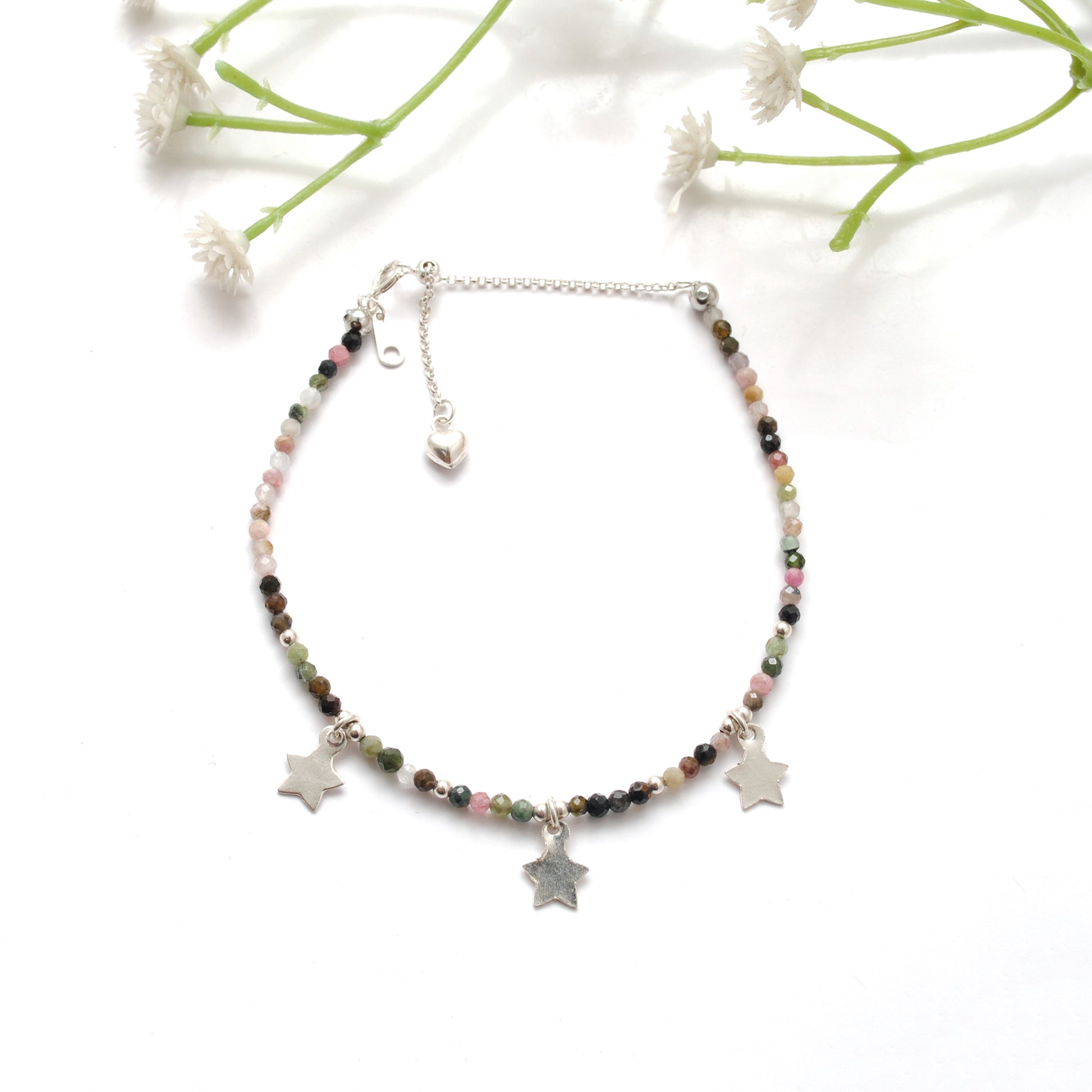 Natural Multi-Color Tourmaline 2mm Beaded Charm Bracelet - Front View Handmade