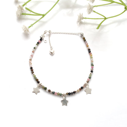 Natural Multi-Color Tourmaline 2mm Beaded Charm Bracelet - Front View Handmade