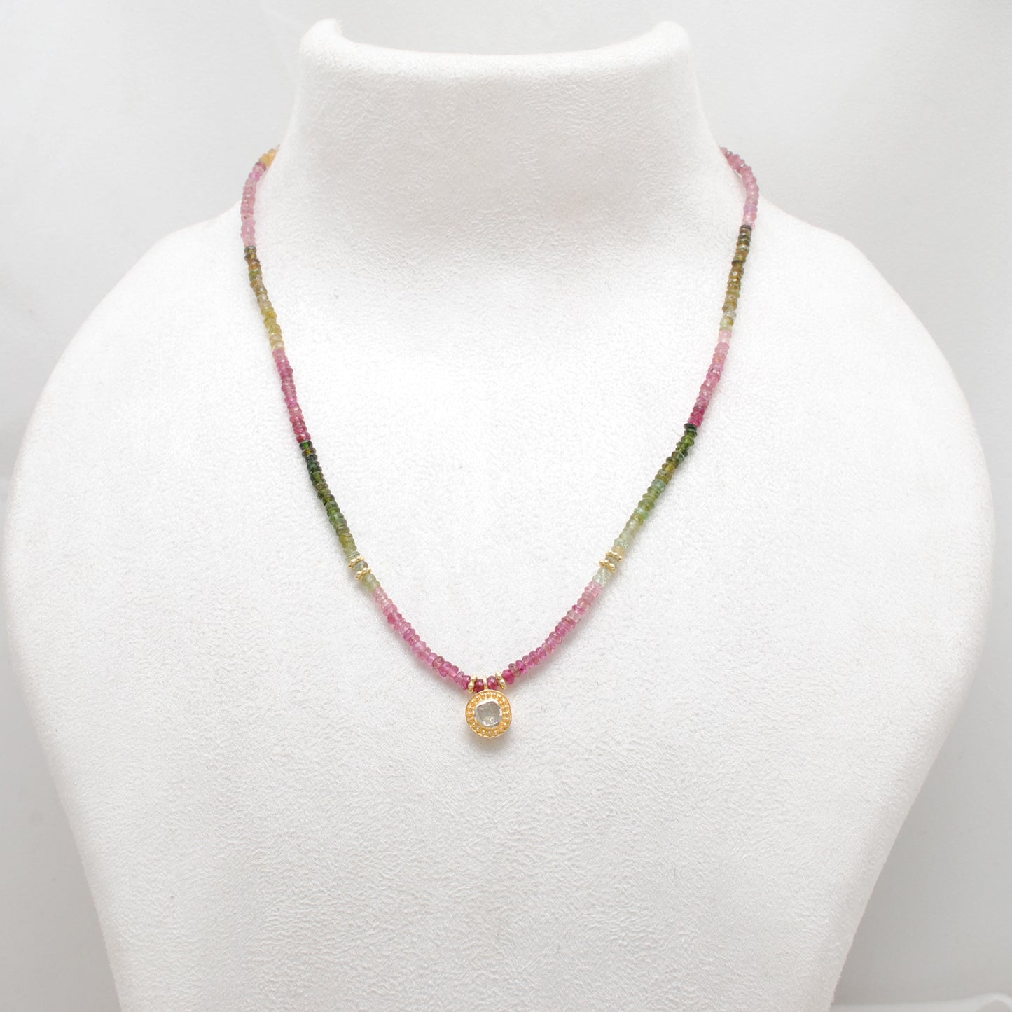 Natural Multi-Color Tourmaline Diamond Victorian Beaded Necklace - Front View