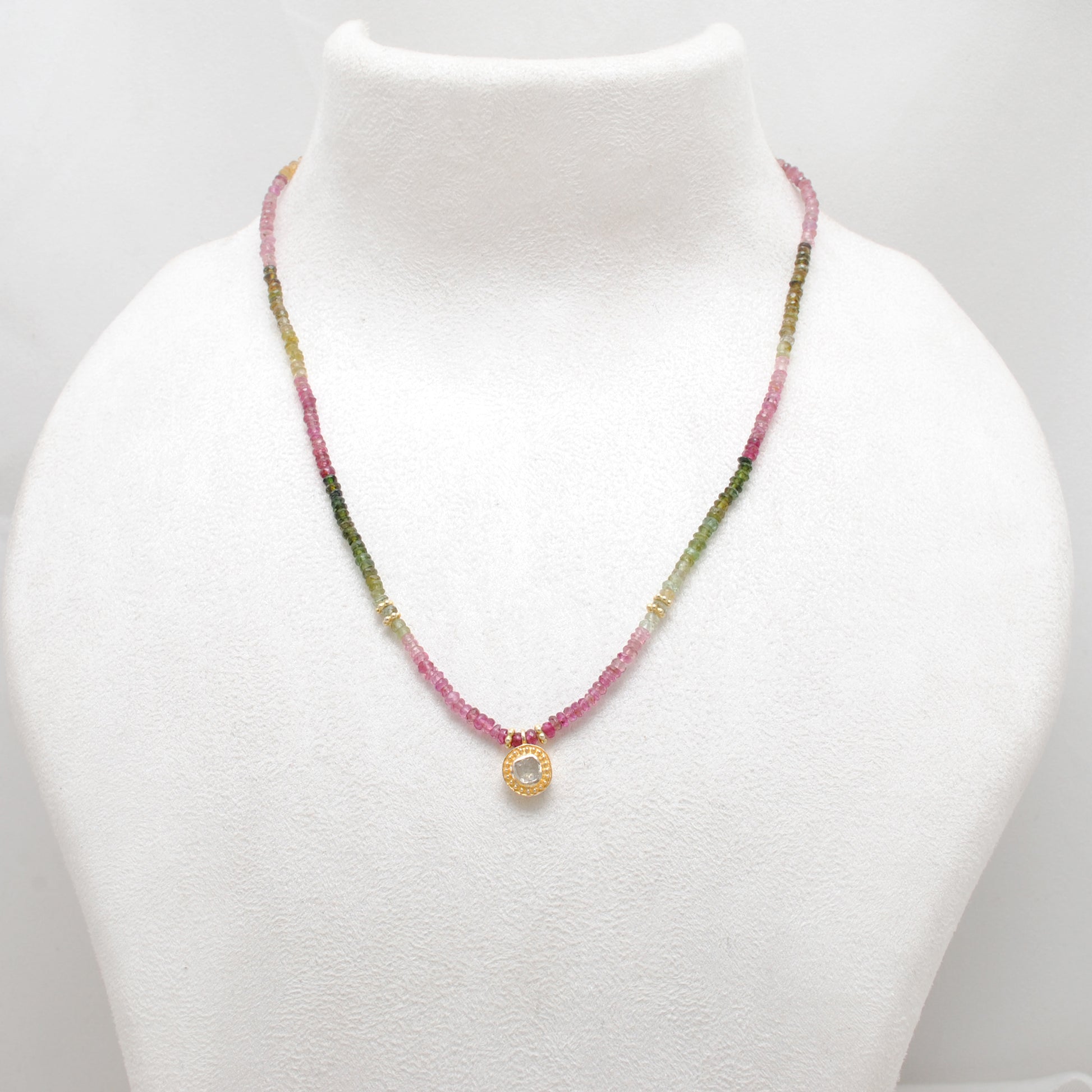Natural Multi-Color Tourmaline Diamond Victorian Beaded Necklace - Front View