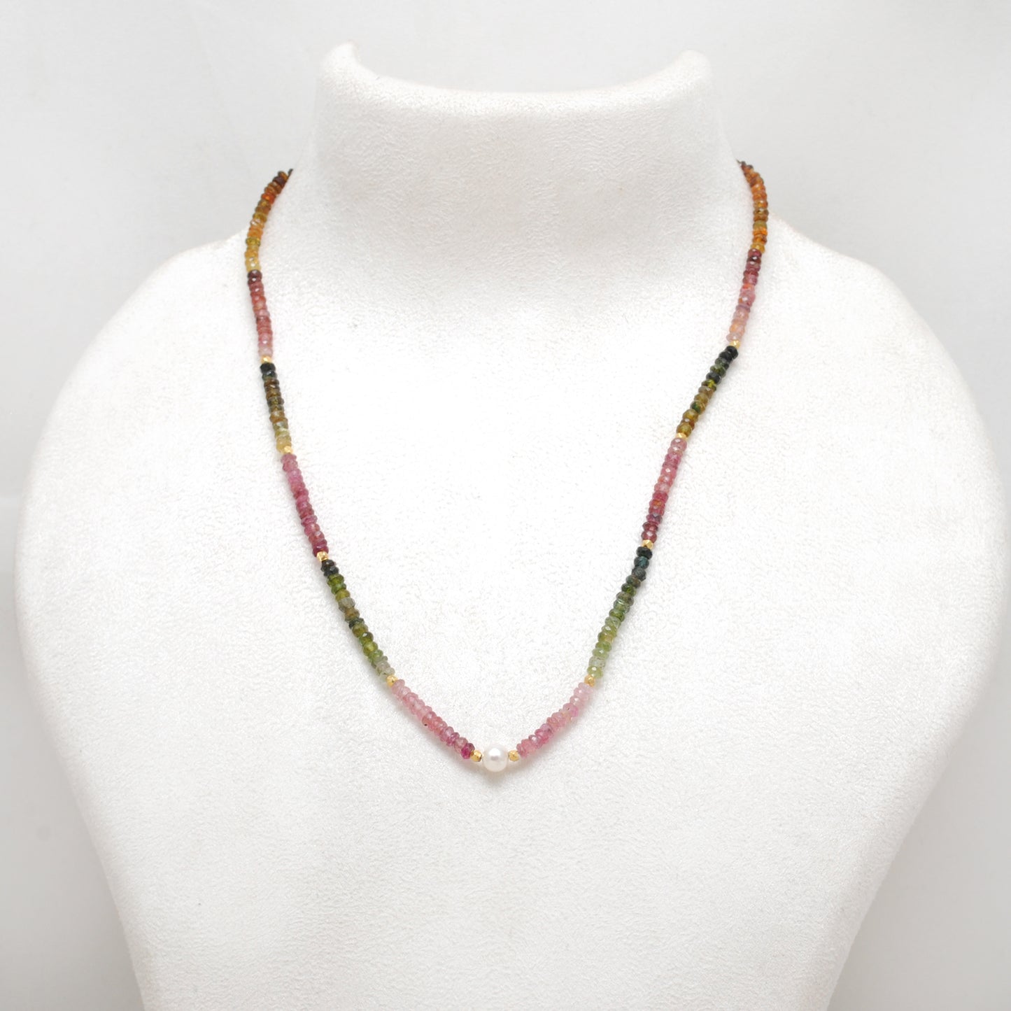 Natural Multi-Color Tourmaline Gold-Plated Beaded Necklace - Front View