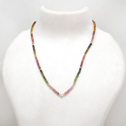 Natural Multi-Color Tourmaline Gold-Plated Beaded Necklace - Front View