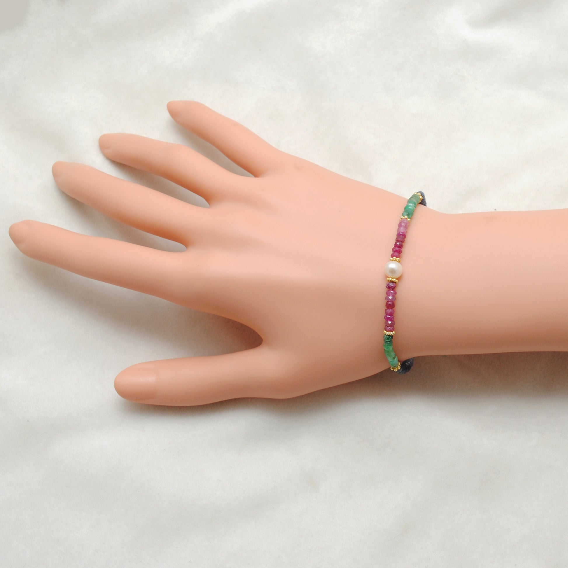 Natural Multi-Gemstone Ruby Emerald Sapphire Bracelet - Overhead View