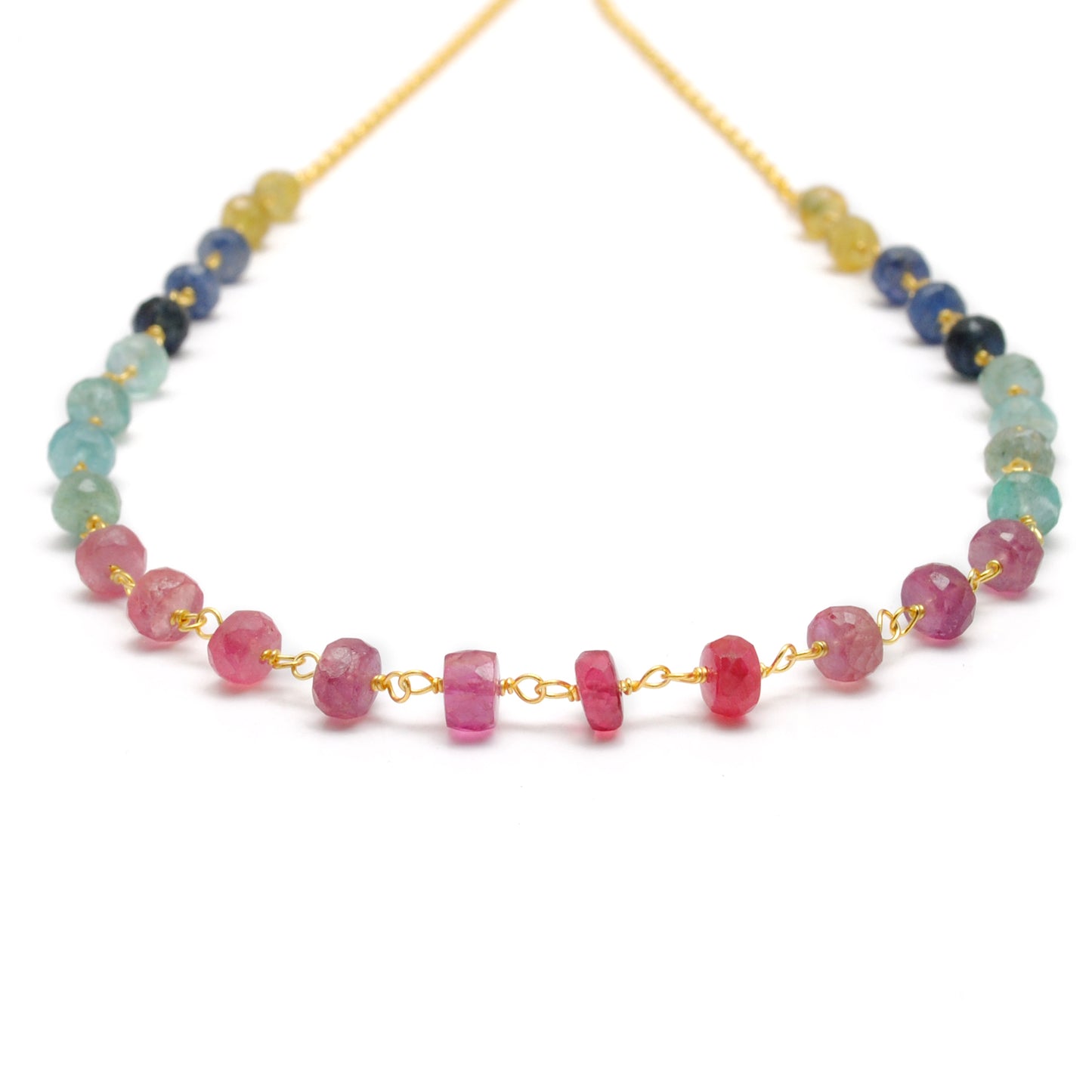 Natural Multi Sapphire 5mm Gold Necklace for Women - Overhead View