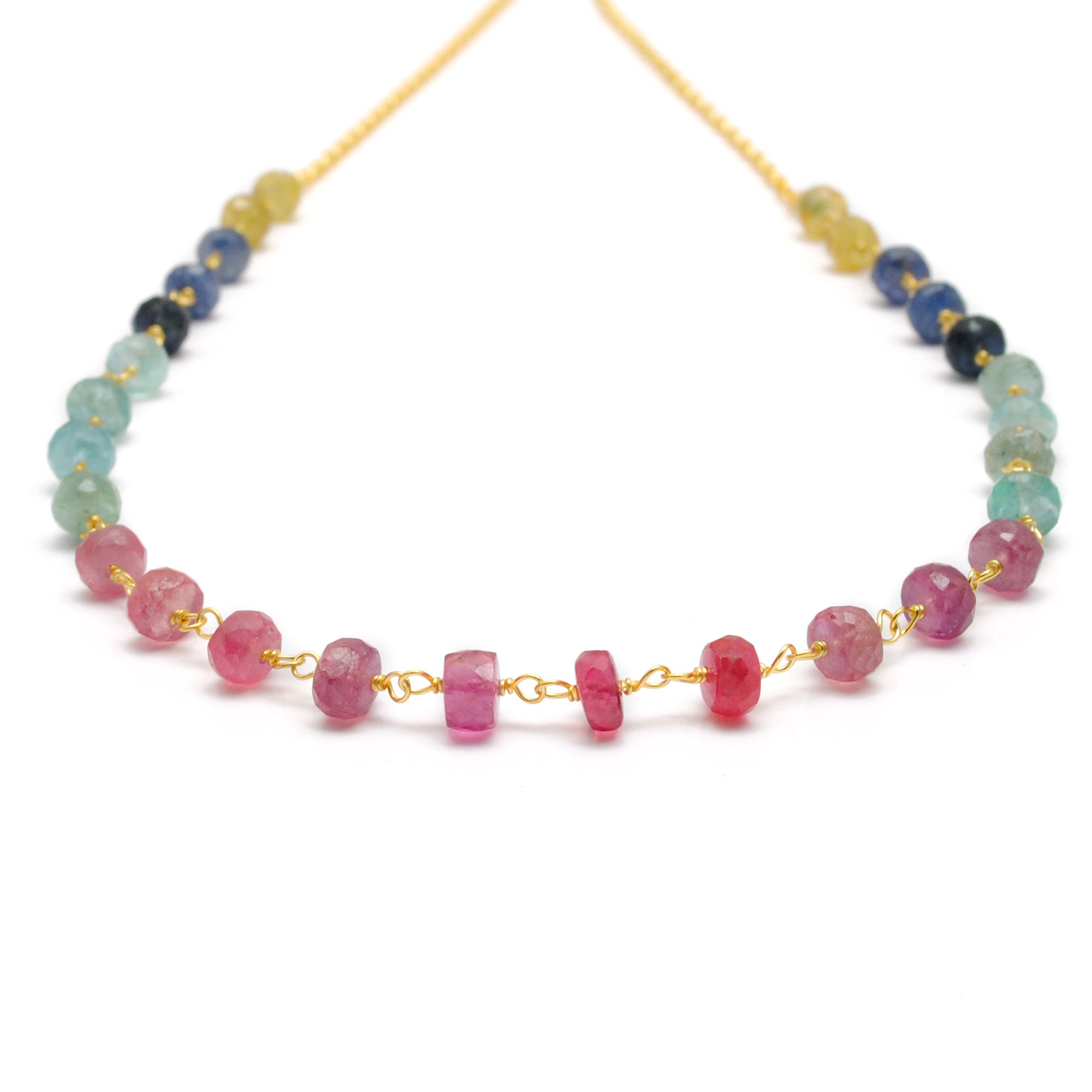 Natural Multi Sapphire 5mm Gold Necklace for Women - Overhead View