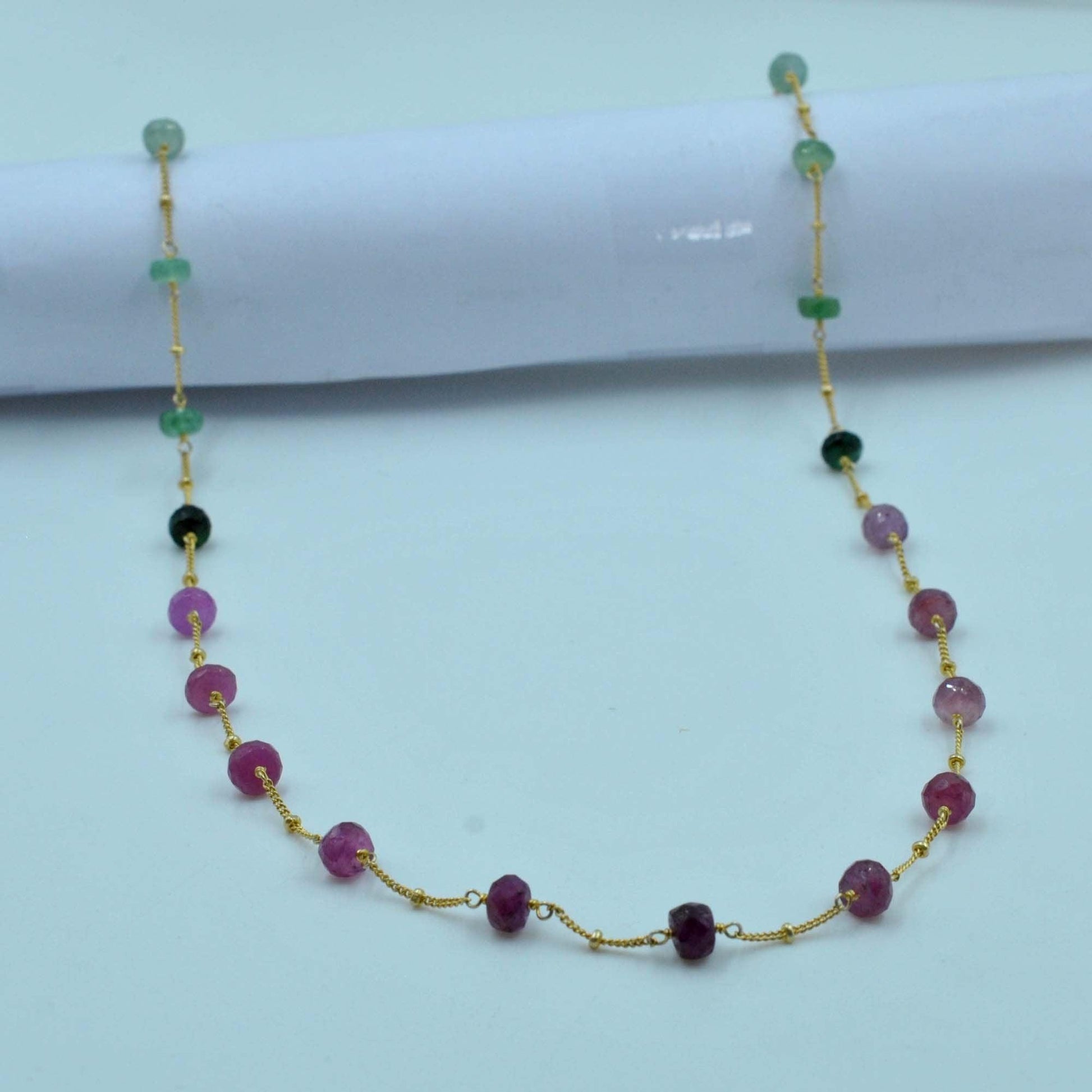 Natural Multi Sapphire 6mm Gemstone Necklace - Overhead View Lifestyle