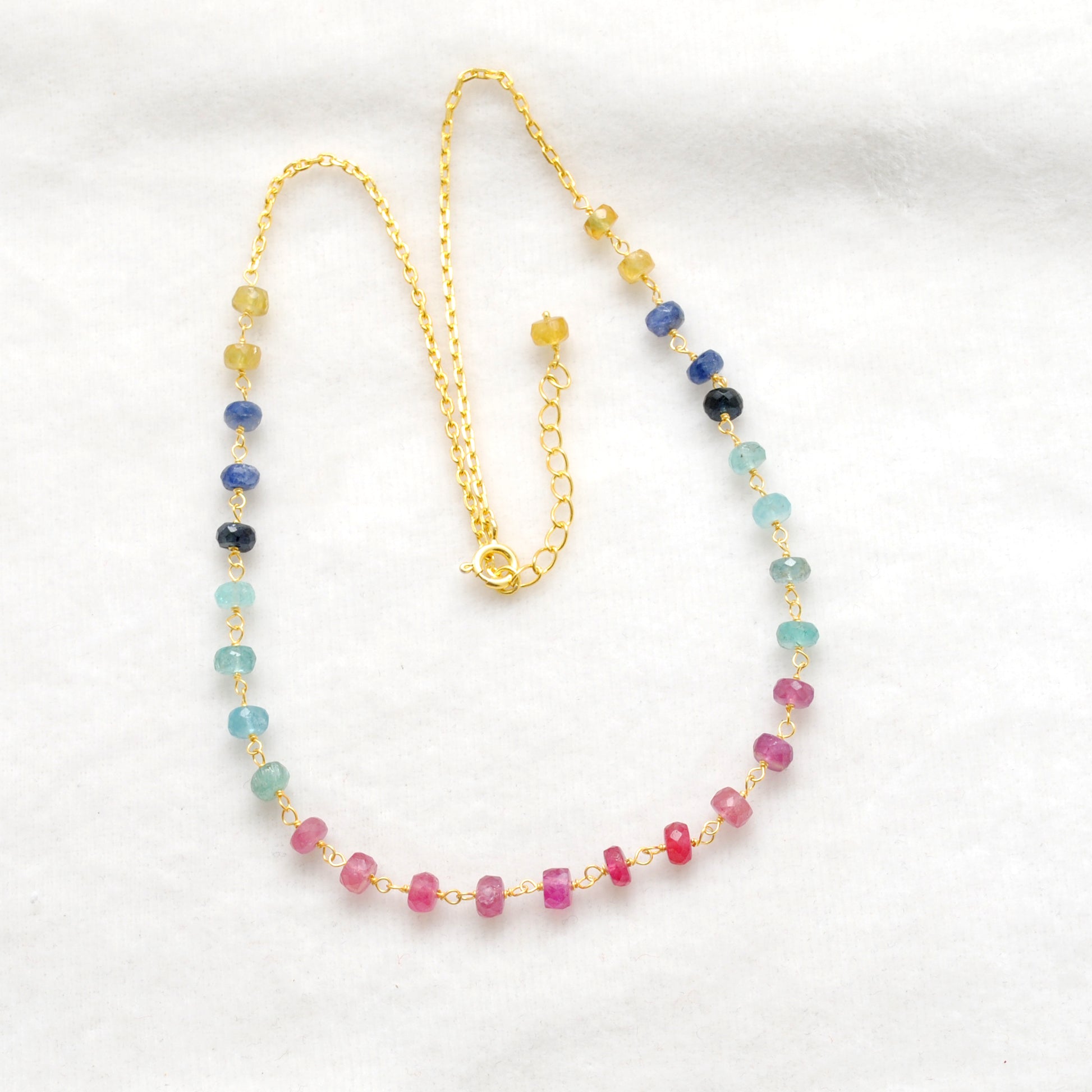 Natural Multi Sapphire Gold Beaded Necklace - Flat Lay Lifestyle View