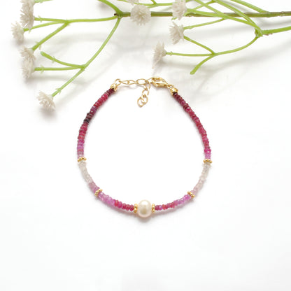Natural Ombre Ruby Pearl Beaded Bracelet - Front View Gradient