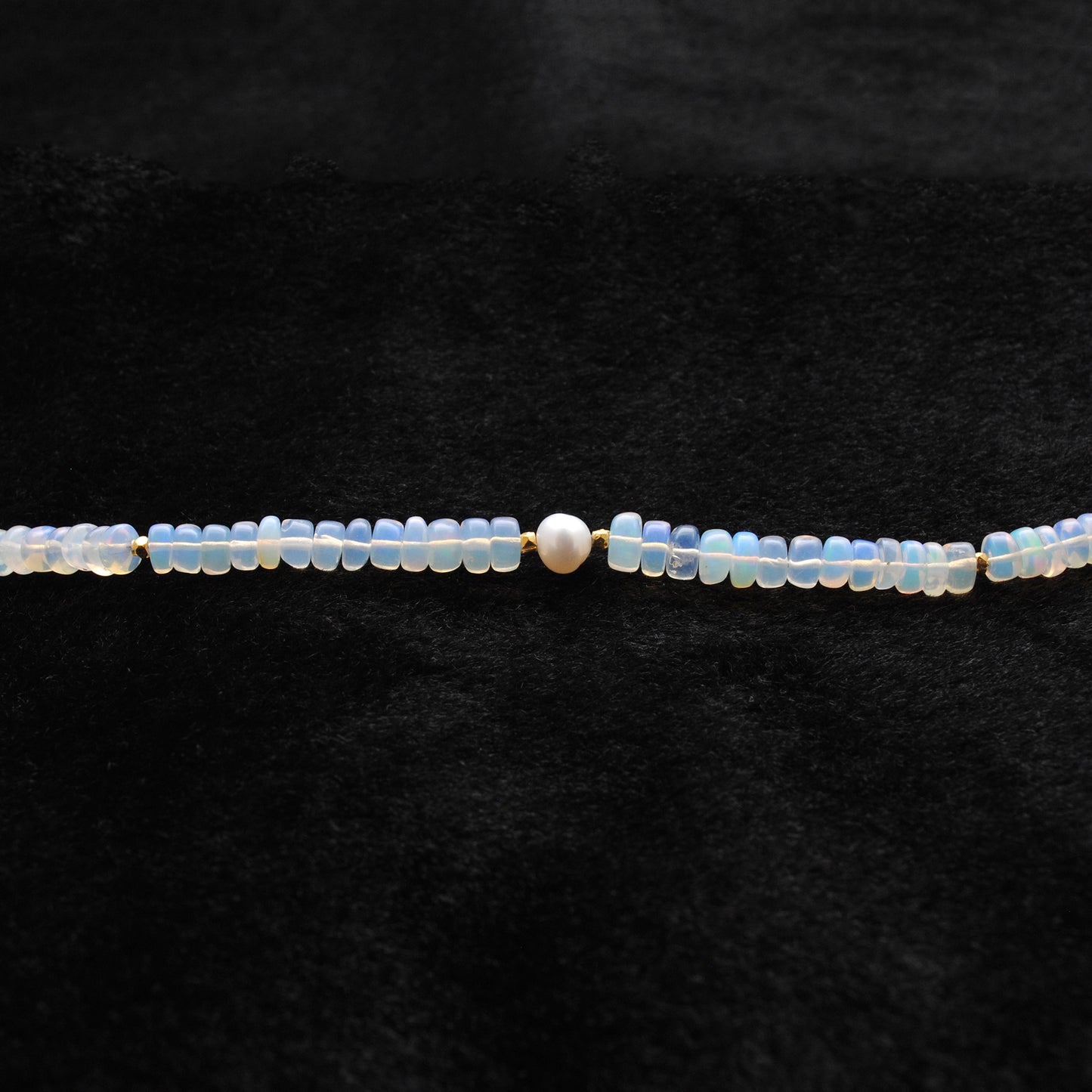 Natural Opal and Pearl Beaded Necklace - Dark Background Detail Shot