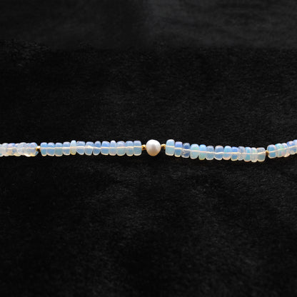 Natural Opal and Pearl Beaded Necklace - Dark Background Detail Shot