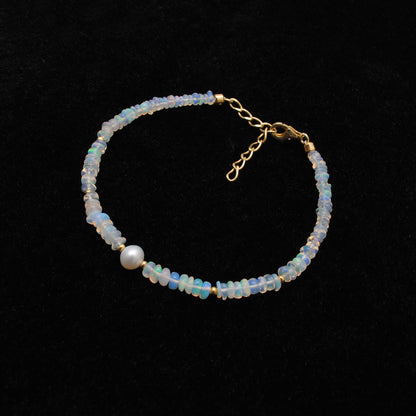 Natural Opal Pearl Bracelet 8 Inch October Birthstone - Overhead View
