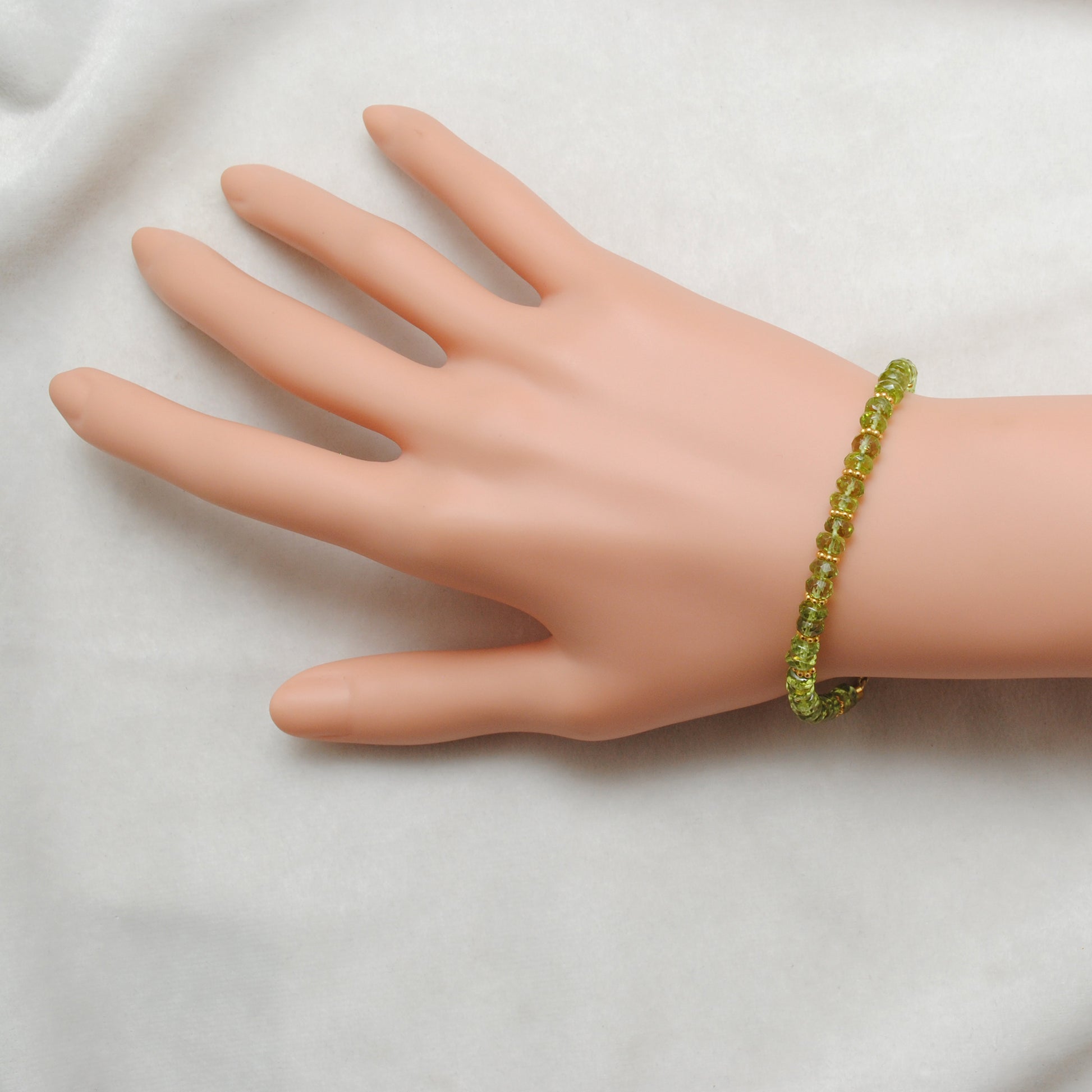 Natural Peridot Beaded Bracelet 8 Inch - Front View Handmade
