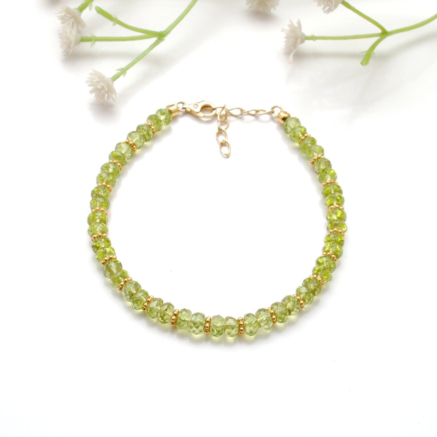 Natural Peridot Bracelet August Birthstone 8 Inch - Overhead View