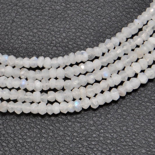 Natural rainbow moonstone rondelle beads strand - front view blue flash