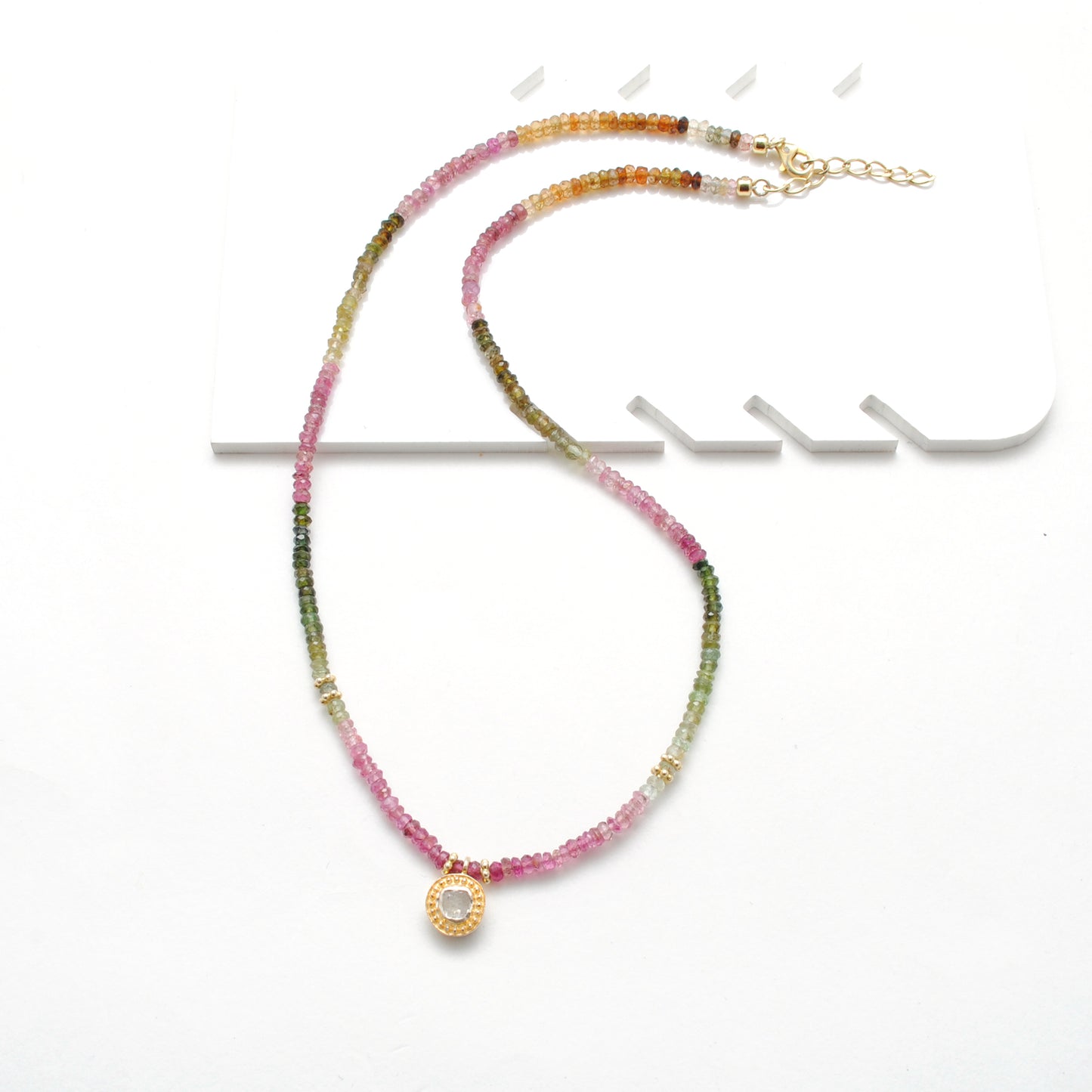Natural Rainbow Tourmaline Diamond Beaded Necklace - Side Profile