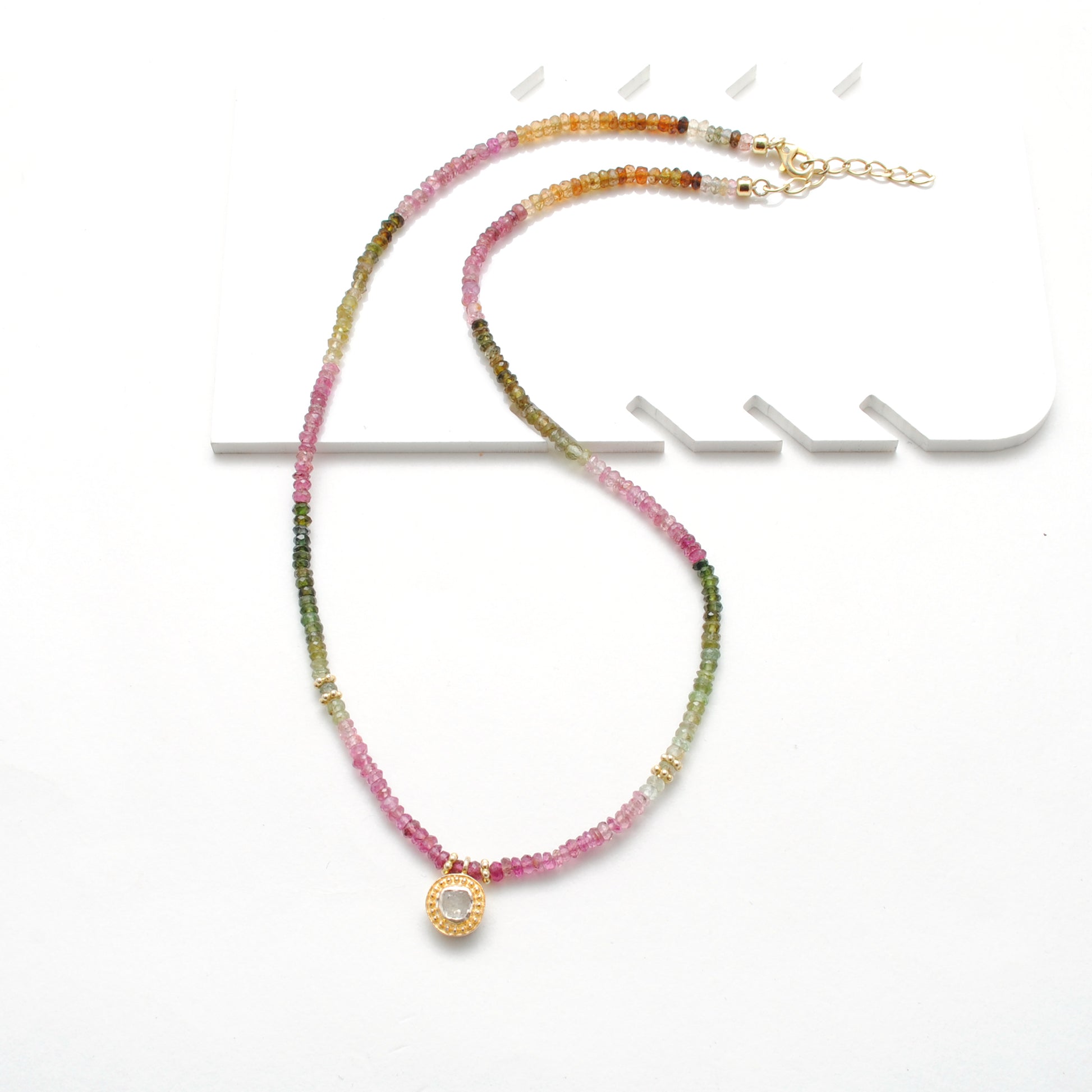 Natural Rainbow Tourmaline Diamond Beaded Necklace - Side Profile