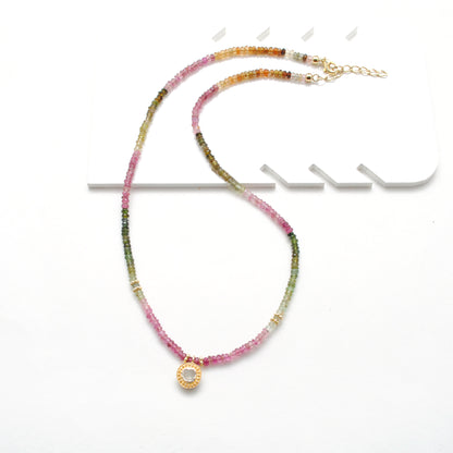 Natural Rainbow Tourmaline Diamond Beaded Necklace - Side Profile